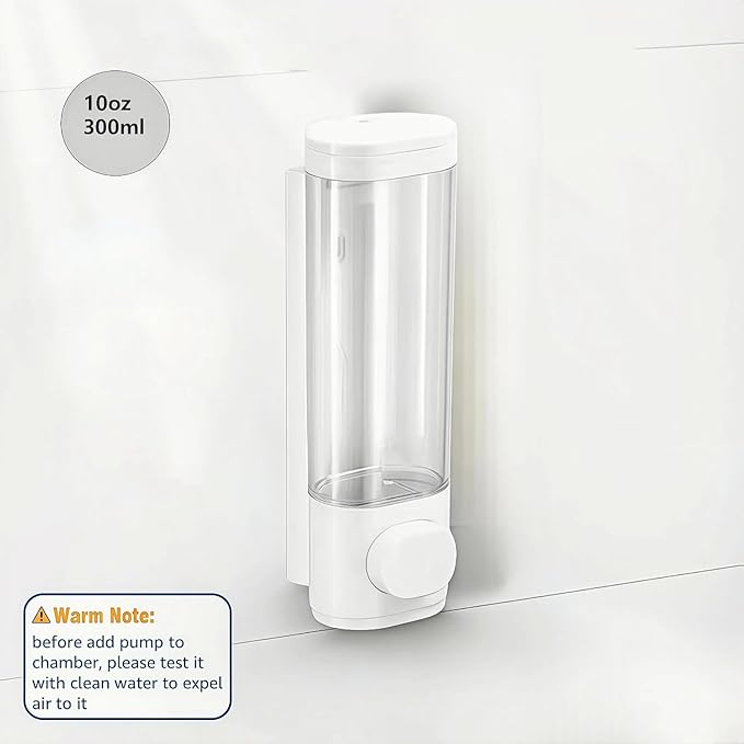 White Manual Bathroom Wall Mounted Soap Dispenser, 10oz/300ml Single Bathroom Shampoo and Conditioner Dispenser, Clear Plastic Refillable Liquid Lotion Pump Dispenser and Organizer