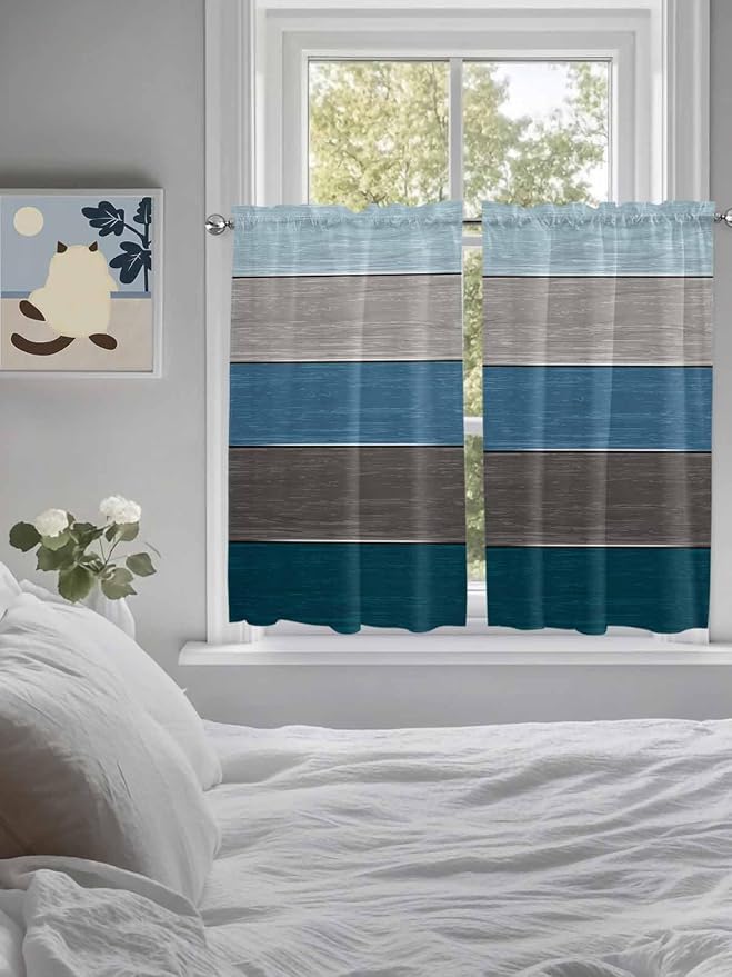 Retro Farm Blue Gray Wood Grain Window Valance Curtains, Rustic Wooden Plank - Image 5