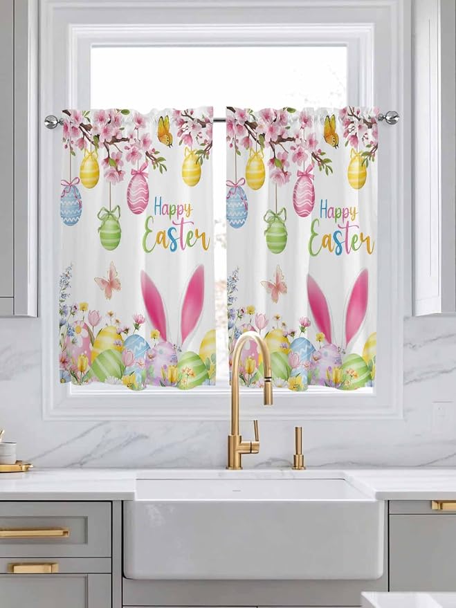 Happy Easter Kitchen Curtains 45 Inches length, Spring Watercolor Bunny Eggs - Image 3