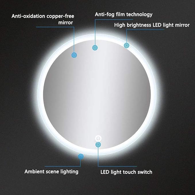Bathroom Mirror with LED Light and Demister Pad Touch Sensor Wall Mounted Round - Image 3