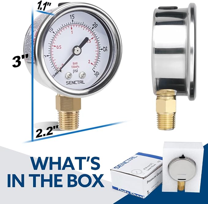 SENCTRL 0-30 Psi Low Pressure Gauge, 1/4 Npt Lower Mount, Waterproof, Stainless - Image 6
