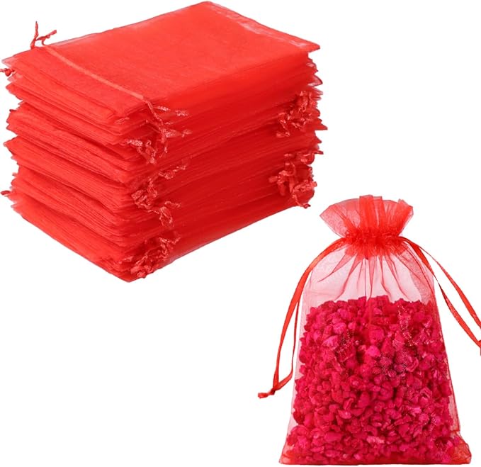 Hopttreely 100pcs Organza Bags, 4 x 4.72 inches Red Christmas Wedding Favors Christmas Gift Drawstring Bags Jewelry Pouches