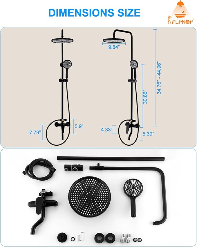 Outside Shower Kit,3 Functions Handle Tub Rainfall Shower Faucet Sets with Dial Thermometer Brass Valve, Black Exposed Shower Pipe System with 10'' Rainfall Shower Head Adjustable