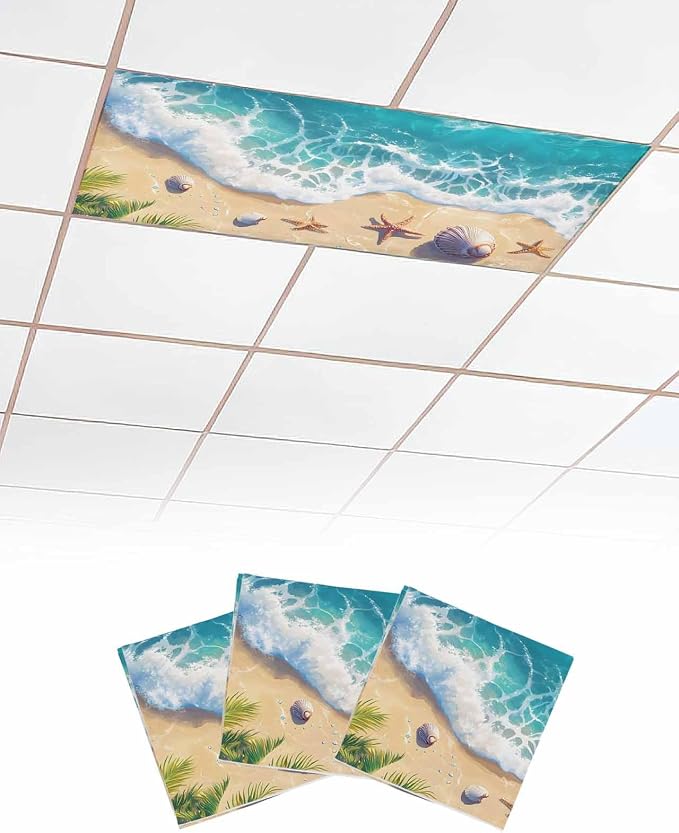 Ocean 3 Pcs Fluorescent Light Covers, Sandy Beach Marine Wave Seashell Magnetic by Gsypo