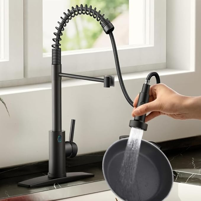 Touch-Less Kitchen Faucet, 3 Modes Pull Down Sprayer, LED Temperature Control,Motion Sensor Activated,Ceramic Valve,360-Degree Rotation,1 or 3 Hole Deck Plate. 10-Year Warranty. (KW-79RR, Black)