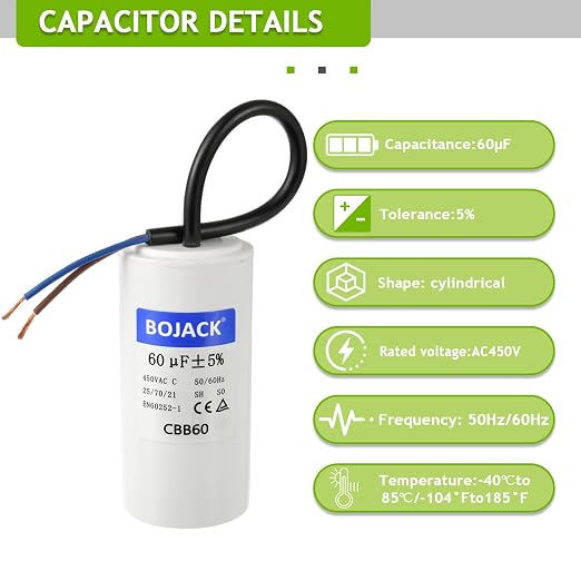 BOJACK CBB60 Run Capacitor 60 uF 450V AC 60 MFD 2 Wire 50/60Hz Cylinder Motor - Image 3