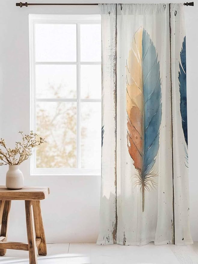 Sheer Curtains 84 Inches Long, Boho Ombre Vintage Wooden Grain Privacy Voile - Image 3