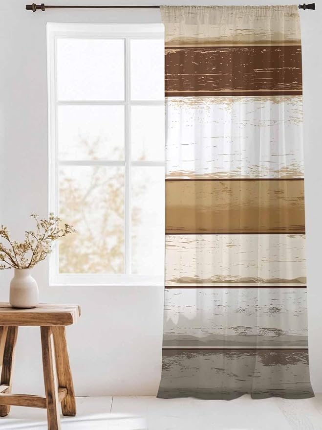 Sheer Curtains 84 Inches Long, Vintage Country Geometric Striped Privacy Voile - Image 3