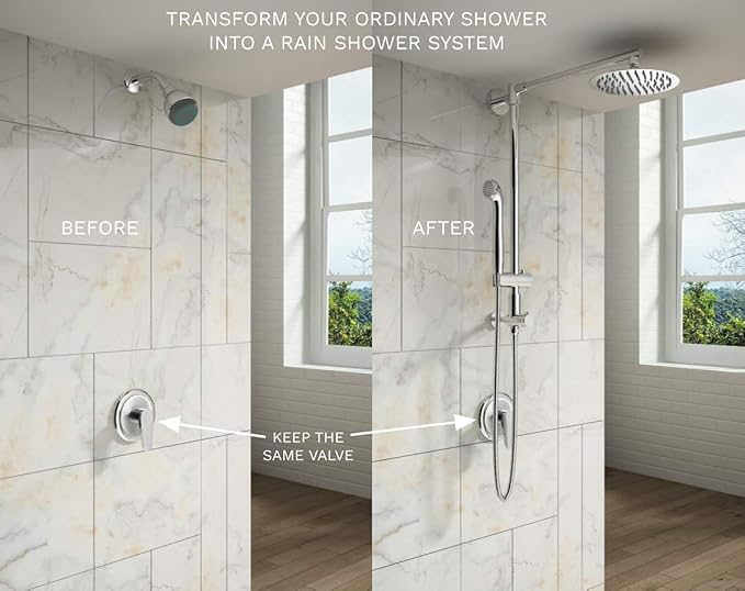Fennocasa Polaris 1 Rain Shower System, includes 8” Rainfall Shower Head with High Pressure Handheld Combo, 3-Setting Handheld Spray, Height Adjustable Spray Holder, 60” Hose (Chrome)
