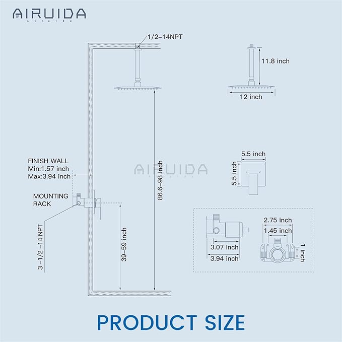 Airuida Shower Faucet Set and Handle Set Single Function Shower Trim Kit Ceiling Mount Rainfall Shower System with Male Threads and Rough-in Valve 12 Inch Square Shower Head Chrome Polish