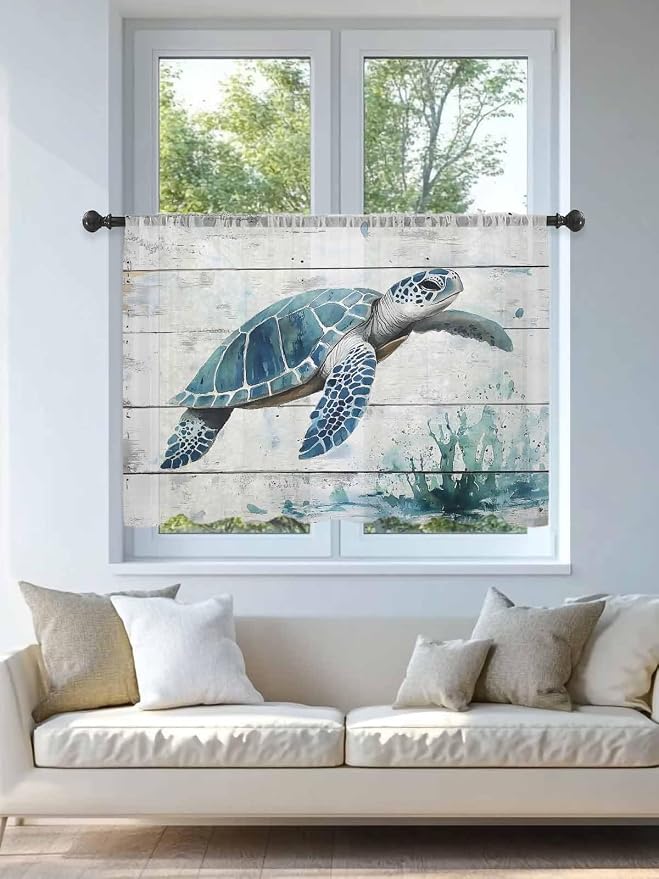 Sheer Curtains 54 Inch Length, Teal Green Sea Turtle Semi Sheer Curtains Light - Image 4