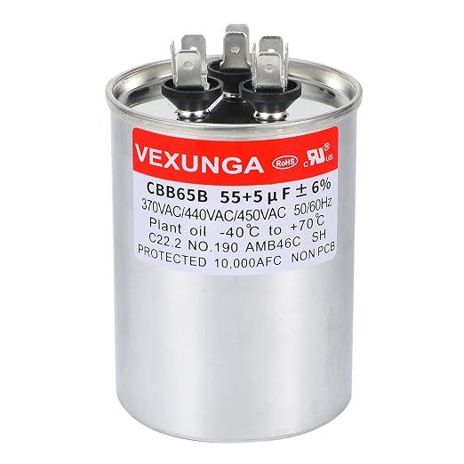 VEXUNGA 55/5uF AC Capacitor 55 5 uF MFD 370/440/450 VAC CBB65B Dual Run Start by VEXUNGA
