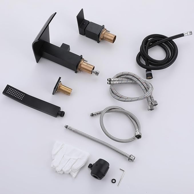 Waterfall Roman Tub Faucet with Hand Shower, Deck Mount Tub Filler Bathtub Faucet with Sprayer, Single Handle Bathtub Faucet Set, Brass Widespread 3 Hole Bathtub Shower Faucet Set Matte Black