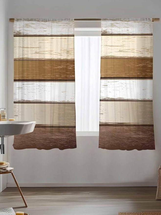 Sheer Curtains 63 Inch Length, Vintage Geometric Brown Semi Sheer Curtains - Image 5