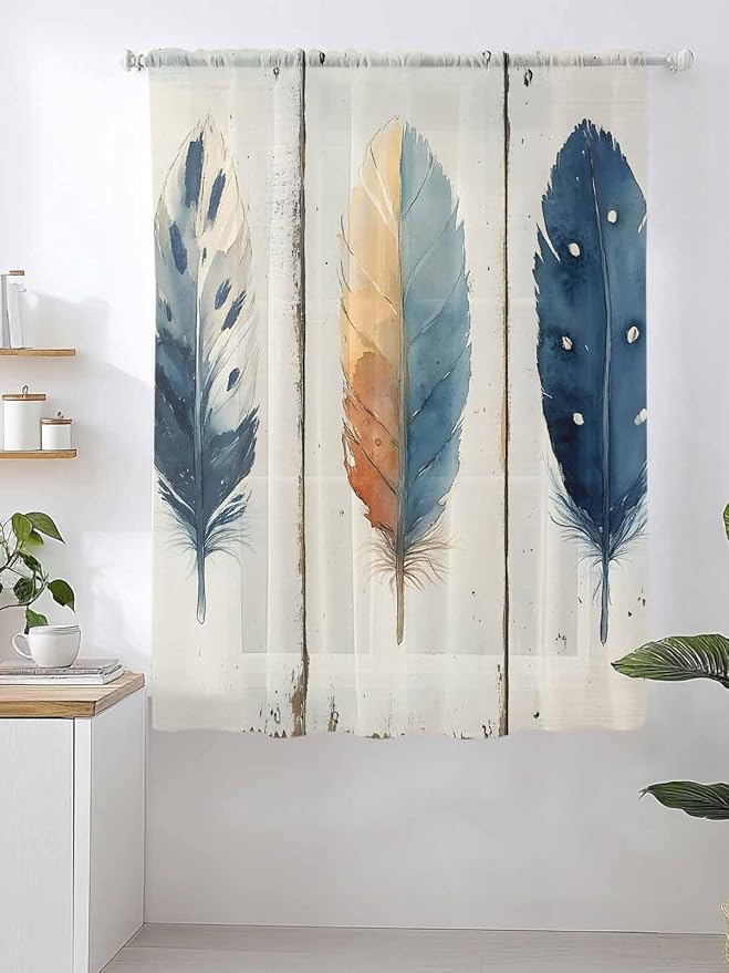 Sheer Curtains 72 Inches Long, Boho Ombre Vintage Wooden Grain Privacy Voile - Image 2
