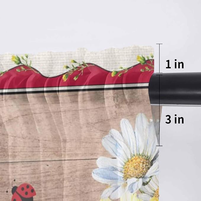 Ladybug Gnome Sheer Valance Curtains, Country Summer Rustic White Yellow Daisy - Image 7