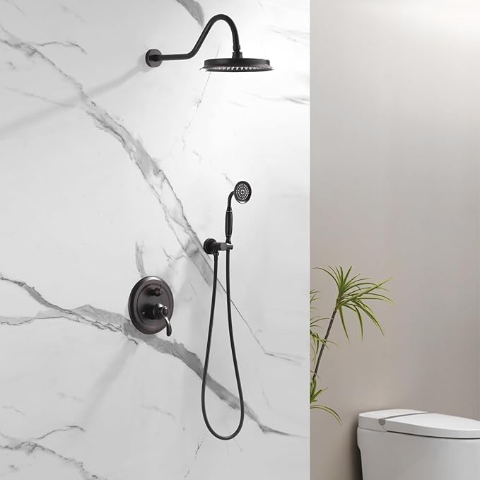 Antique Shower Head Faucet Set,Oil Rubbed Bronze Vintage Wall Mount Shower Faucets Combo With Handheld Spray,Bathroom Rainfall Shower System Trim Kit With Brass Pressure Balance Valve & 9''Shower Head