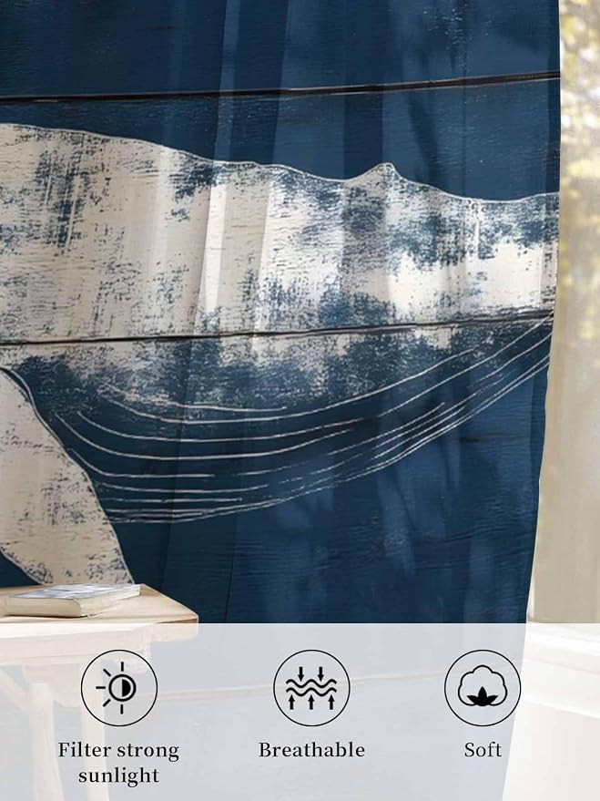 Sheer Curtains 63 Inch Length, Summer Whale Semi Sheer Curtains Light Filtering - Image 6