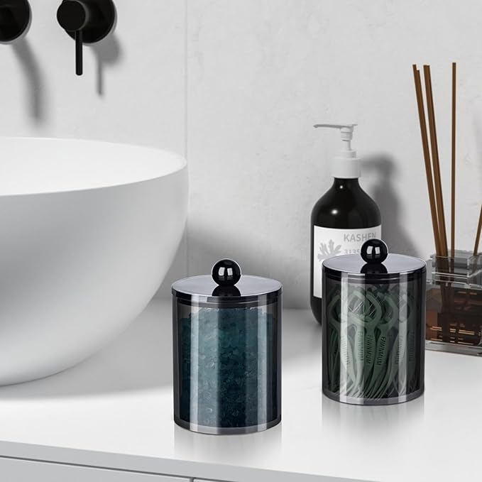 2 Pack Qtip Holder,Canister Apothecary Jar Set, Bathroom Jars with Lids Set for Cotton Swabs, Balls, Pads, Floss Picks,10oz-12oz Plastic Canisters Restroom Bedroom Vanity Organizer(Black)