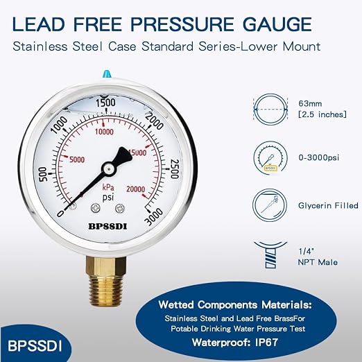 0-3000 Psi Glycerin Liquid Filled Hydraulic High Pressure Gauge, 2.5" Dial Size - Image 2