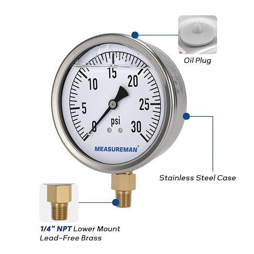 MEASUREMAN Glycerin Filled Plumbing Pressure Gauge 0-30psi Stainless Steel Case - Image 5