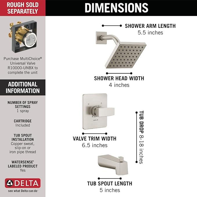 Delta Faucet Modern Brushed Nickel Tub and Shower Trim Kit, Shower Faucet with Single-Spray Touch-Clean Shower Head, Stainless T14467-SS-PP (Valve Not Included)
