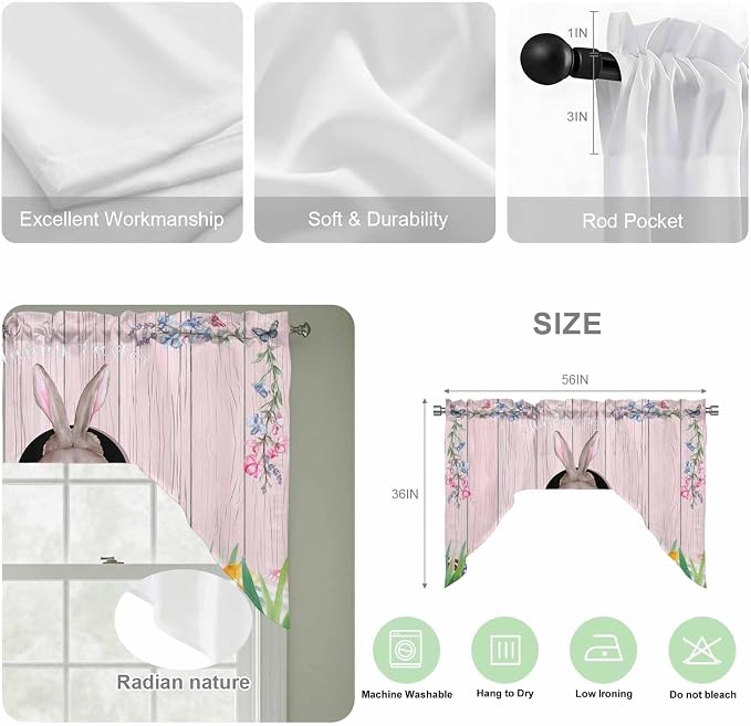 Swag Valance Curtains, Easter Cute Rabbit and Colorful Eggs Rod Pocket Valances - Image 5