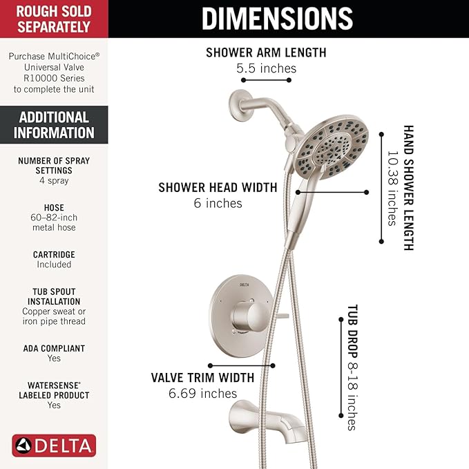 Delta Faucet Albion 14 Series Single-Handle Tub and Shower Faucet Set, Brushed Nickel Shower Trim with In2ition 2-in-1 Dual Shower Head, Spotshield Brushed Nickel T144855-SP-I (Valve Not Included)