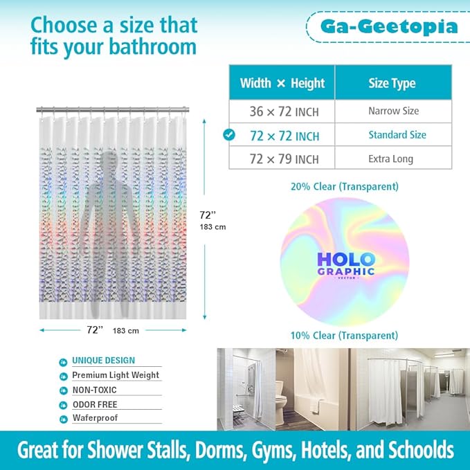 Holographic Thin 3D EVA Shower Curtain Liner Water Cube, 72x72 Premium Light Weight Clear Plastic Bathroom Shower Curtain with Rustproof Metal Grommets for Shower Stall, Bathtubs(No Hooks)