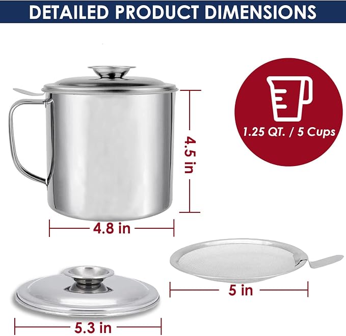 Bacon Grease Container with Strainer, Stainless Steel Oil Storage Can Container - Image 2