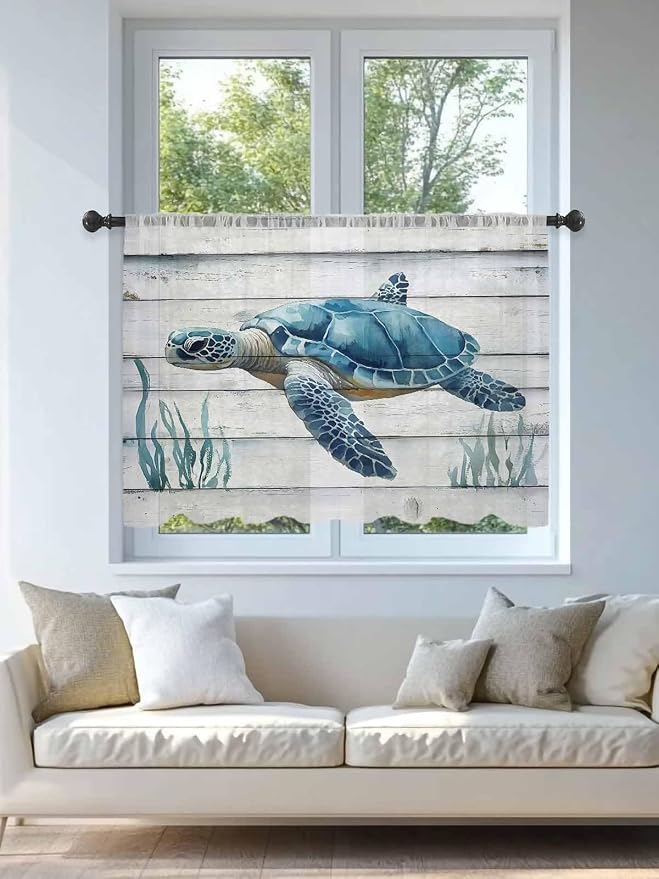 Sheer Curtains 54 Inch Length, Sea Turtle Blue Semi Sheer Curtains Light - Image 4