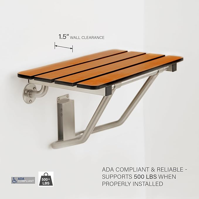 Seachrome 24-inch x 15-inch in ADA Folding Wall Mount Bathroom Shower Seat Bench, Teak Phenolic Seat
