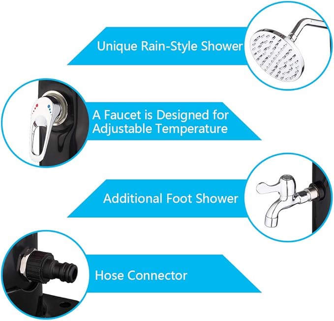 VINGLI Solar Heated Shower, 5.5 Gallon Outdoor Shower with Shower Head and Foot Shower Tap for Outdoor Backyard Poolside Beach Pool Spa,Black (5.5 Gallon)
