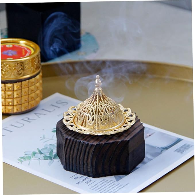 Cabilock Desktop Incense Burner Black Wooden Censer Metal Trim Octagonal Design - Image 6