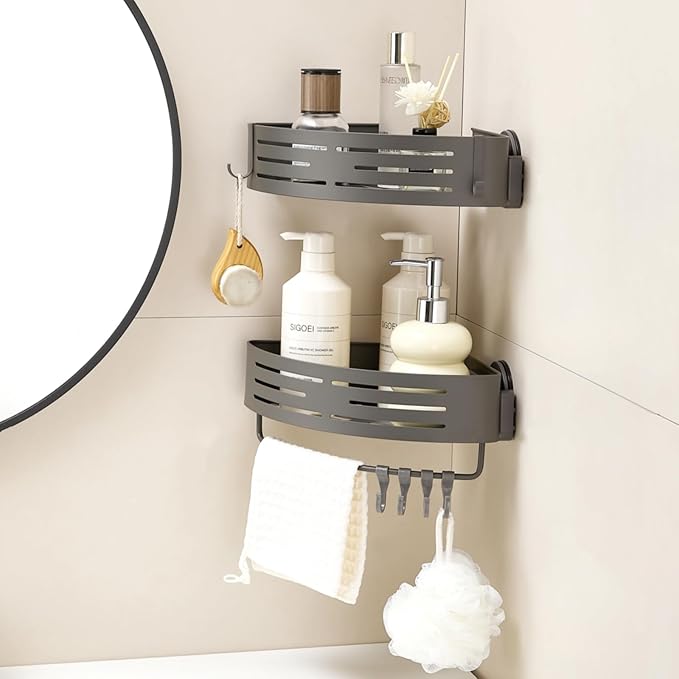 Suction Cup Shower Caddy Corner, Shower Storage Rack With Large Capacity, No Drilling Suction Shelves Space-Saving Shower Organizer with Towel Bar Hooks for Bathroom & Home Decor(2pcs, Gray)