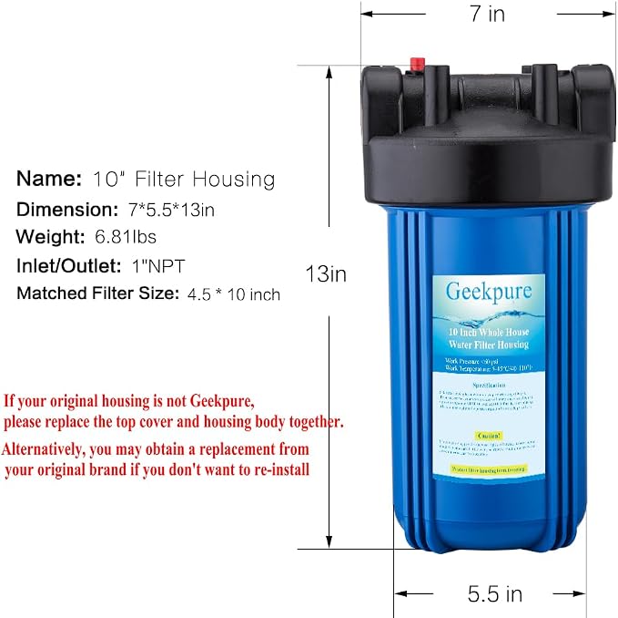 Geekpure 10-Inch Whole House Water Filter Housing 4.5"x10"1-Inch Outlet/Inlet - Image 5