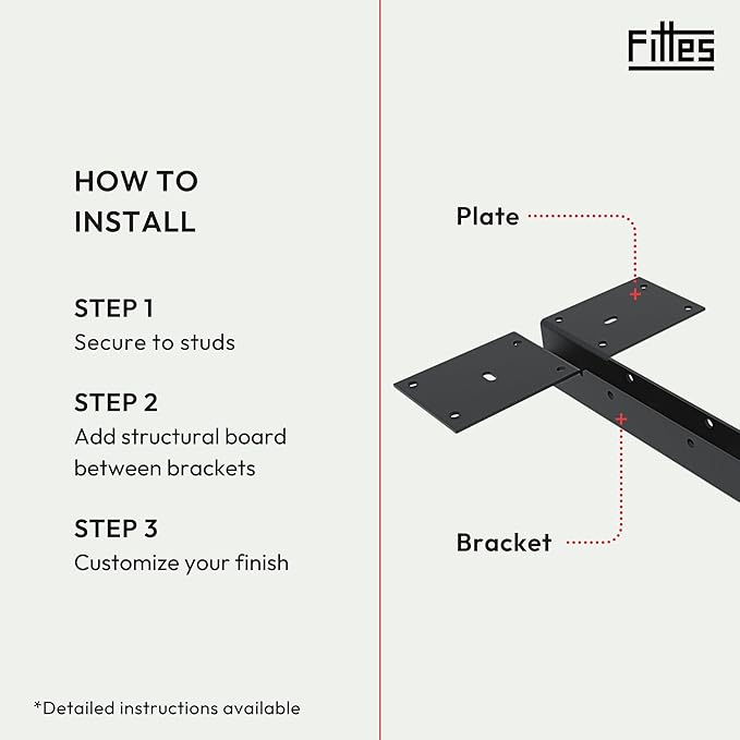 Fittes Heavy Duty Steel Floating T Shelf Bracket Mount 12 Inch 2 Pack, Holds up to 350lb, for Shower Bench, Book Shelf, and Countertop, Modular Design