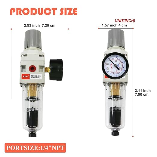 RIH 1/4" NPT Auto Drain Compressed Air Filter Regulator Combo Piggyback - Image 2
