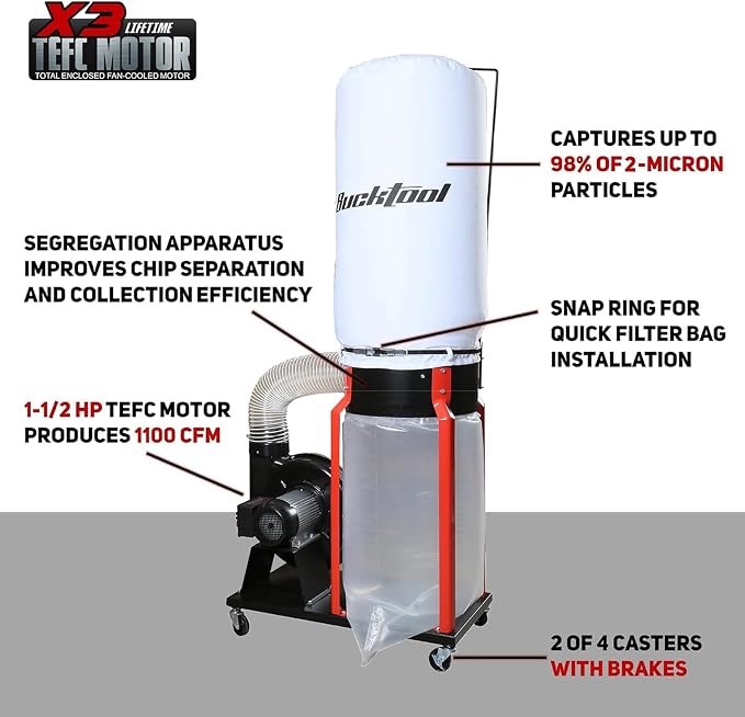 Bucktool 1.5HP Portable Dust Collector, 1100 CFM Workshop Dust Extraction - Image 3