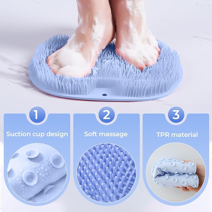 Shower Foot Scrubber Mat with Non-Slip Suction Cups, Non Slip Bathtub and Shower Mat with Suction Cups and Drain Holes, Foot Back Cleaning Pad Back Washer Exfoliating Bath Wash Pad (Blue)