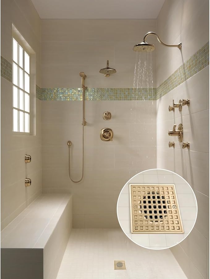 Uni-Green Champagne Bronze Shower Drain 4-1/4 Inch - Square Gold Shower Drain Kit with ABS Flange for 2" or 3" Pipe - Low Profile 304 Stainless Steel Shower Floor Drain Kit with Hair Carcher