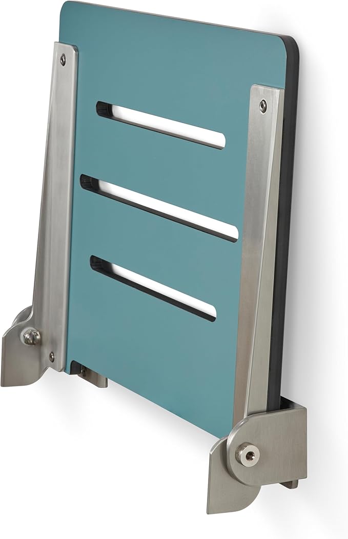 18 inch Silhouette Slimline Folding Wall Mount Shower Bench Seat, Teal Seat with Silver Frame