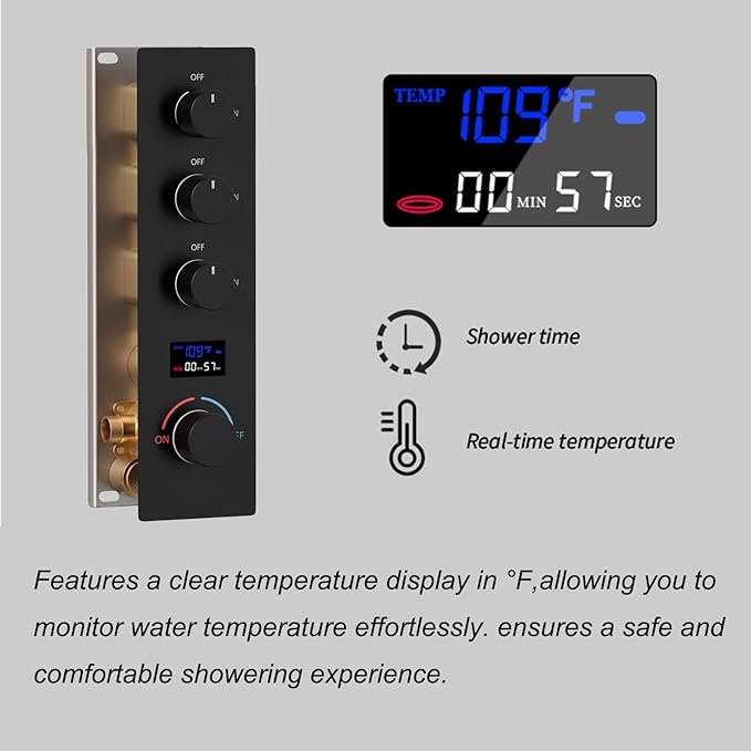 Matte Black Shower System with 6 PCS Body Jet, 8 inch Wall Mount Rain Shower Head and Handheld Shower, Digital Tempreature Display Push Button Shower Faucet Trim Kit