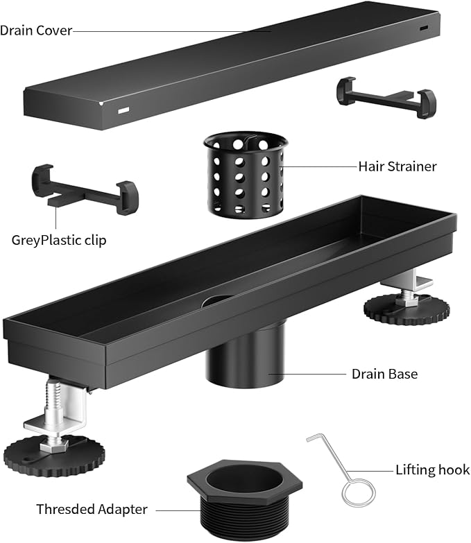Linear Shower Drain, 304 Stainless Steel with Adjustable Leveling Feet, Hair Strainer,Reversely Install Place to Create an Invisible Floor Drain - Black -60-Inch