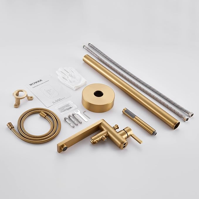 Freestanding Bathtub Faucet Tub Filler Brushed Gold Floor Mount Brass Single Handle Bathroom Faucets with Hand Shower