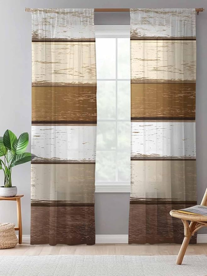 Sheer Curtains 96 Inches Long, Vintage Geometric Brown Semi Sheer Curtains - Image 5