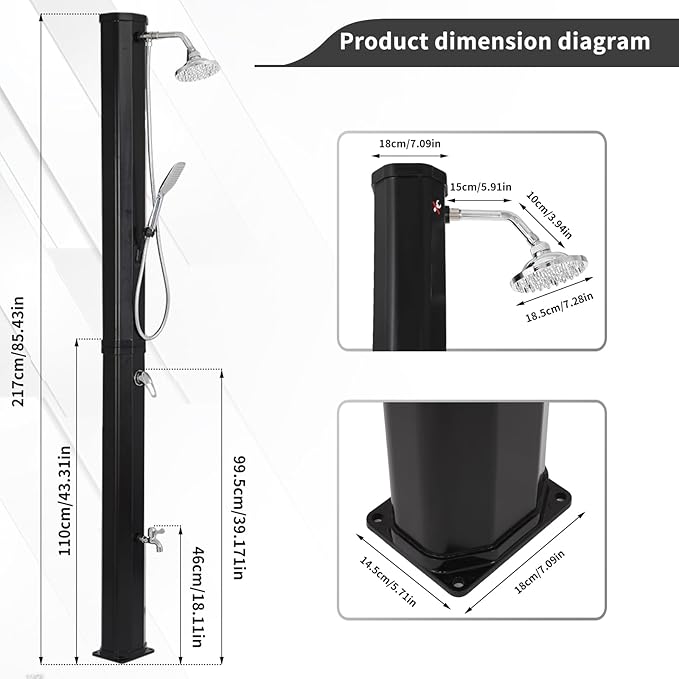 9.3 Gallon Solar Heated Outdoor Shower, 7.2FT Height, 360°Rotating Rainfall + 6FT Handheld Shower + Foot Faucet, Freestanding Black Poolside Shower with Hot & Cold Water Adjustment