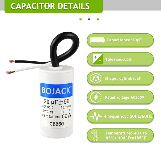 BOJACK Run Capacitor 20 uF MFD 250V AC 20 MFD CBB60 2 Wire 50/60Hz Cylinder - Image 3