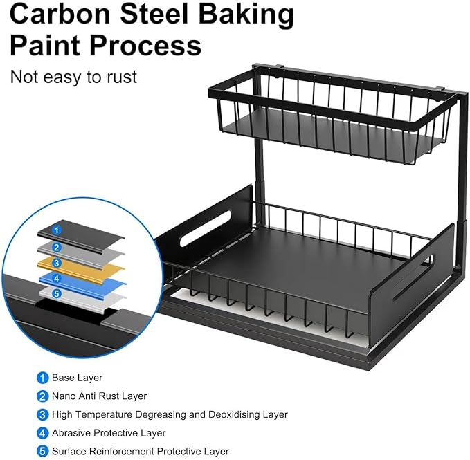 Under Sink Organizer Pull Out Kitchen Sink Organizer, 2 Tier L-Shape Bathroom Organizers and Storage with Sliding Drawer for Kitchen Bathroom Pantry (Black, 1 Pack)