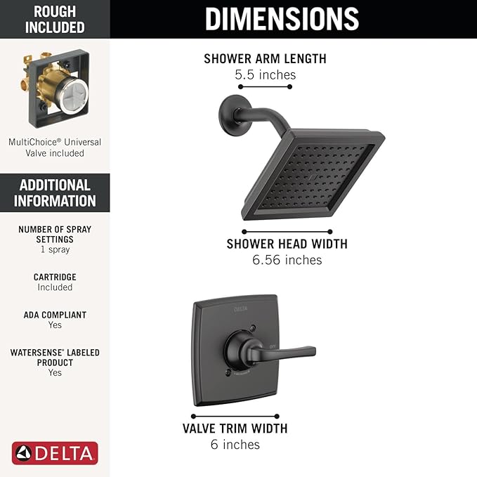 Delta Geist 14 Series Shower Faucet Set, Matte Black Shower Head and Handle Set, Valve Trim Kit, Matte Black 142864-BL (Valve Included)